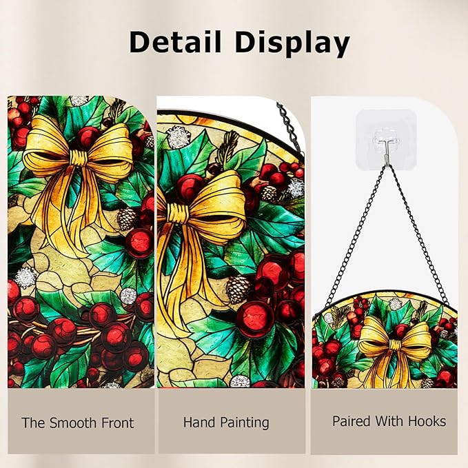 Stained Glass Window Hanging, Christmas Festive Holly and Red Berries Suncatcher for Doors Home Sun Catchers Decoration and Christmas, Mother's Day Birthday Gifts for Women, Men, and Mom