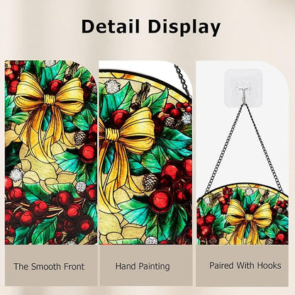 Stained Glass Window Hanging, Christmas Festive Holly and Red Berries Suncatcher for Doors Home Sun Catchers Decoration and Christmas, Mother's Day Birthday Gifts for Women, Men, and Mom