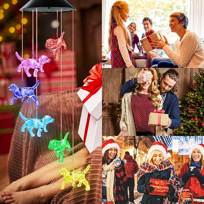 Solar Wind Chimes, Dog Wind Chimes Gifts for Mom Grandma Women Wife Girls, IP65 Waterproof Hanging Memorial Windchimes with 7 Color Changing LED Lights for Outside Garden Yard Decorations