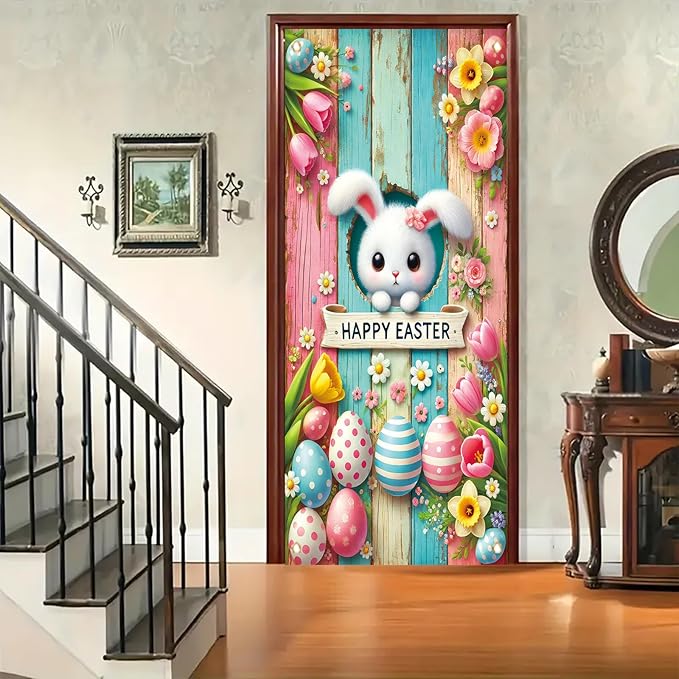 Happy Easter Door Cover Decoration Easter Eggs Bunny Door Banner Backdrop Photography Welcome Spring Outdoor Indoor Home Decors Supplies Party Decorations 70.8 x 35.4 inch