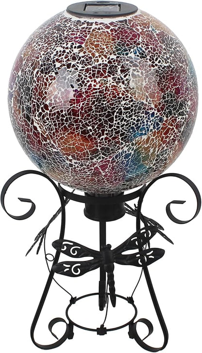 Stargarden Solar Gazing Ball, 10" Mosaic Gazing Ball,Glass Gazing Globe with Metal Stand, Decorative Solar Globes for Patio, Lawn, Garden Decor(Red)