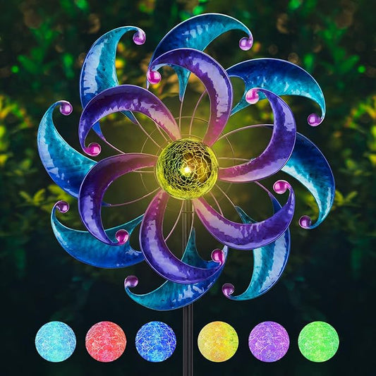 WONDER GARDEN Wind Spinners for Yard and Garden-Solar Wind Spinners - 61 Inch Blue Wind Sculptures & Spinners with LED Changing Light Glass Ball for Garden Patio Outdoor Decor