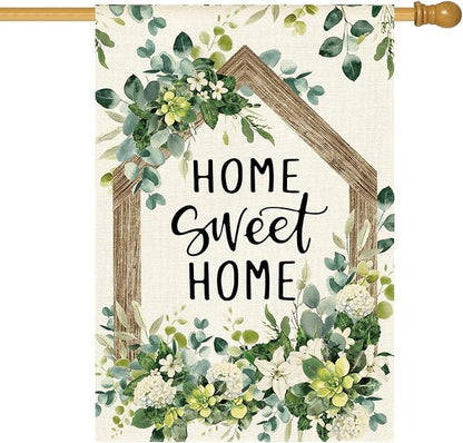 AVOIN colorlife Home Sweet Home Spring Floral House Flag 28x40 Inch Double Sided Outside, Eucalyptus Flowers Seasonal Welcome Yard Outdoor Flag