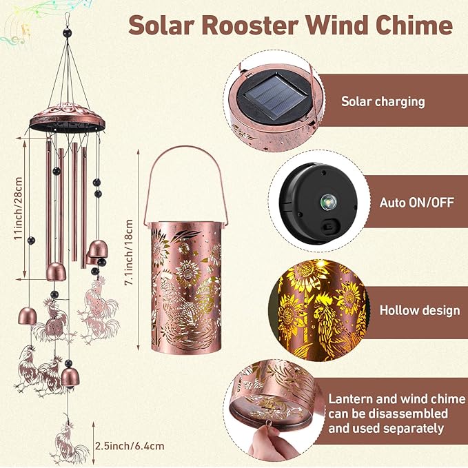 Retisee Rooster Solar Wind Chimes Outdoor Metal Rooster Gifts Solar Light Windchimes Outside Indoors Christmas Decoration Birthday Gift for Home Lawn Porch Patio Garden Yard