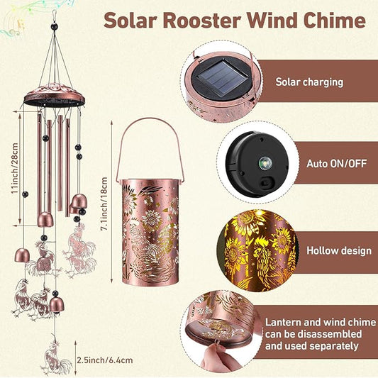Retisee Rooster Solar Wind Chimes Outdoor Metal Rooster Gifts Solar Light Windchimes Outside Indoors Christmas Decoration Birthday Gift for Home Lawn Porch Patio Garden Yard
