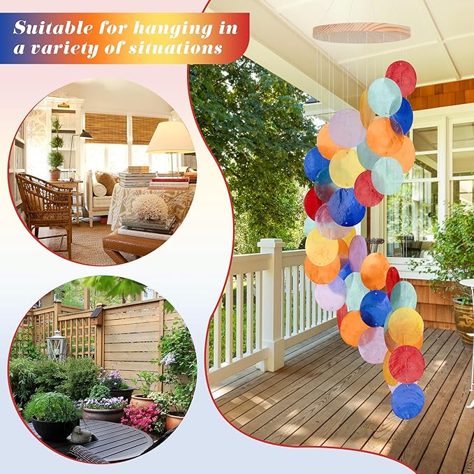 Seashell Wind Chimes for Outside - Handcrafted Colorful Spiral Shape Capiz Shells Windchime Coastal Style Decor for Indoor/Outdoors, Garden & Beach Hanging Decor for Wind Chimes Lovers and More