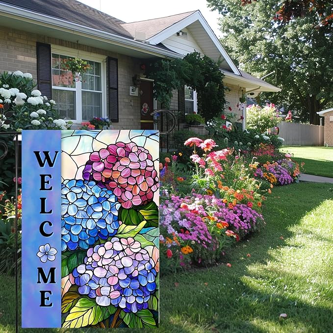 Hydrangea Spring Summer Garden Flag for Outside Stained Glass Flower Yard Decor 12x18 Double Sided Blue Floral Welcome Outdoor Banner