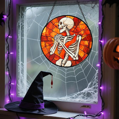 Stained Glass Window Hanging - Halloween Decorations Fear Skeleton Suncatcher for Doors Garden Indoor Spooky Funny Sun Catchers Gothic Decor Horror Gifts for Women Men Friend 11.8 in