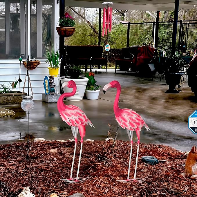 Set of 2 Pink Flamingo Outdoor Statues, Metal Yard Flamingo for Garden Patio Lawn Backyard Decorations