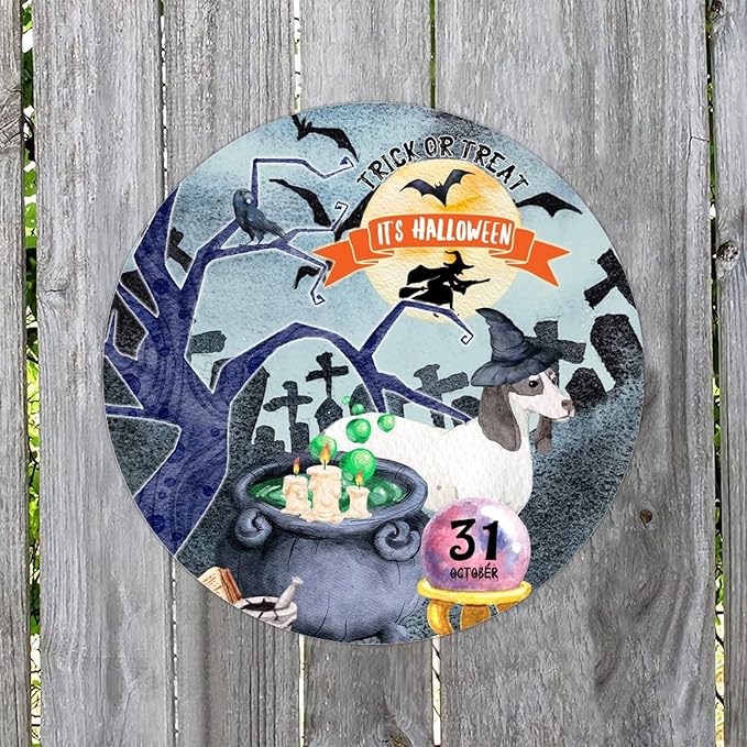 Retro Metal Sign 12"x12",Happy Halloween Scary Night Grave Witch Bats Trick Or Treat Dog Aluminum Tin Metal Sign for Home Living Room Bedroom Garden Farm Patio Decor Wall Art Poster