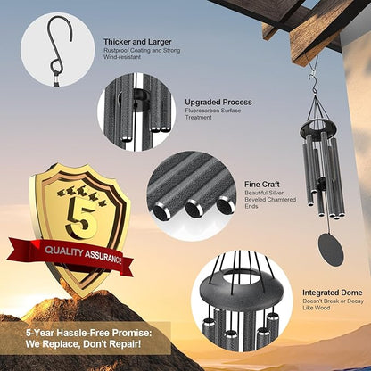 Big Grey Wind Chimes for Outside Deep Tone, Personalized Metal WindChimes Tuned Melodic Music Sound Outdoors for Garden Patio Home with Rewritable Wind Catcher