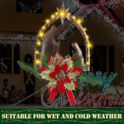 Moukeren 2 Pcs 2 Pcs 3.5ft Nativity Scene Outdoor Yard Stakes, Solar Lighted Outdoor Metal Christmas Nativity Scene Decoration for Christmas Holiday Lawn Garden Yard Decoration (Rustic)