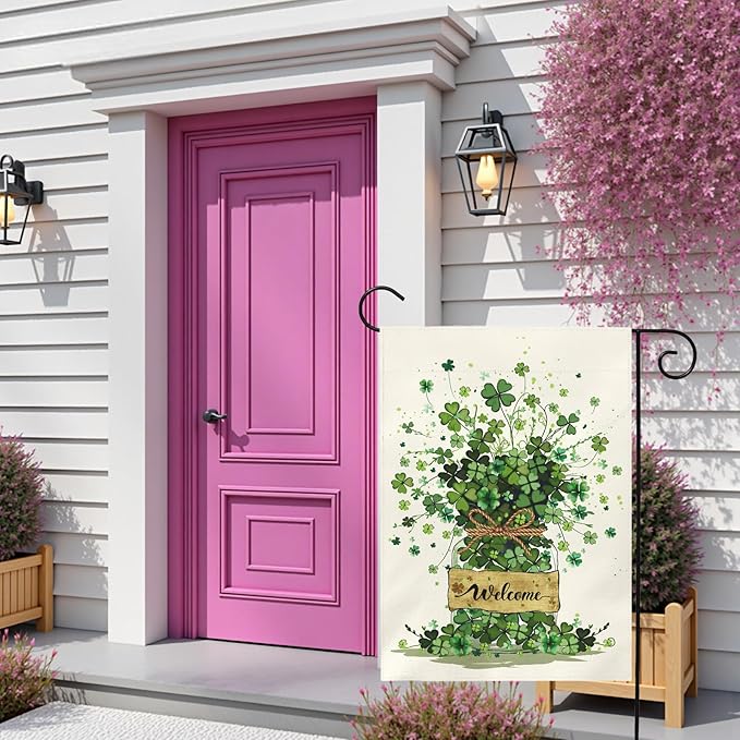 Spring Garden Flag 12x18 Inch Welcome Clover Design Double Sided Outdoor Yard Flags Seasonal Porch Patio Lawn Farmhouse House Banner Decorations for St Patricks Day and Everyday Home Décor