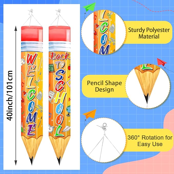 NOVWANG 2 Pcs Back to School Windsocks, Pencil Windsock First Day of School Hanging Flag Welcome Classroom Party Decorations for Office Garden Lawn Outdoor