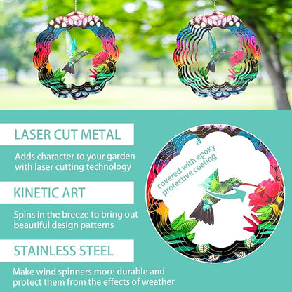 Wind Spinner Yard Art Garden Decor 3D Stainless Steel Metal Sculptures Kinetic Hanging Whirligigs Hummingbird Decorations Backyard Outside Indoor Outdoor Patio Ornaments Clearance Sun Catcher Windmill