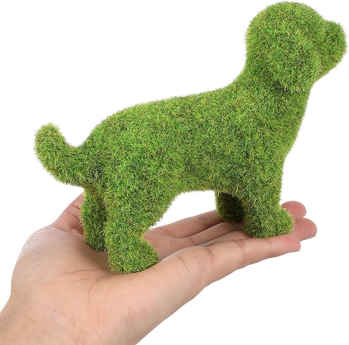 VILLCASE 6.88 Inch Flocked Dog Figurine, Faux Moss Puppy Statue for Garden and Patio Decor, Realistic Green Artificial Topiary Animal Ornament for Indoor Desktop, Shelf and Photography Prop