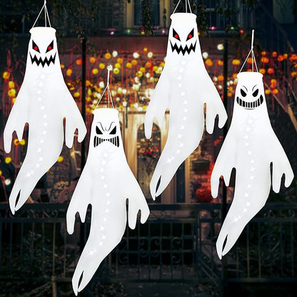Geefuun 4PCS White Halloween Fierce Ghost Windsocks Hanging Decorations - Flag Wind Socks for Home Yard Outdoor Decor Party Supplies (Batteries Not Included,No Timer)