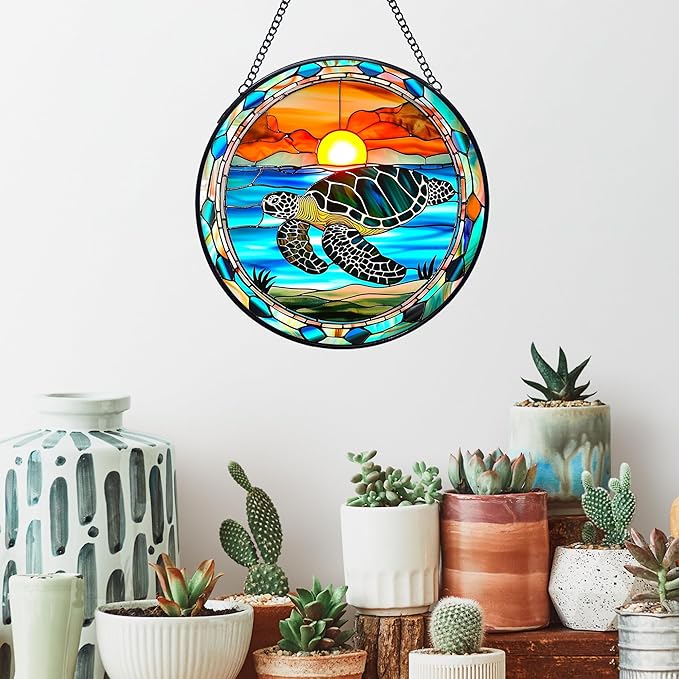 Sea Turtle Stained Glass Window Hanging Suncatchers, Coastal Ocean Sun Catchers Indoor Window Glass Wall Art Decor, Ocean Beach Wall Hanging Decorations Sculptures, Sea Turtle Gift, 7.9x7.9in