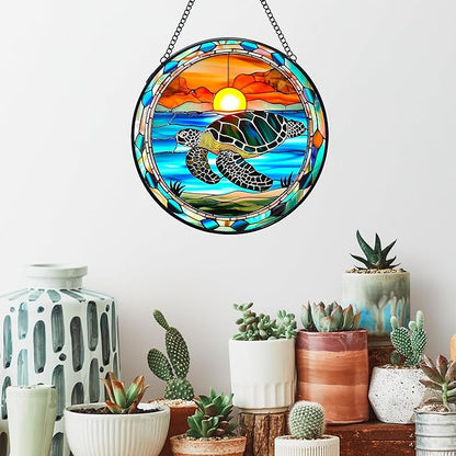 Sea Turtle Stained Glass Window Hanging Suncatchers, Coastal Ocean Sun Catchers Indoor Window Glass Wall Art Decor, Ocean Beach Wall Hanging Decorations Sculptures, Sea Turtle Gift, 7.9x7.9in