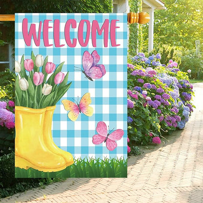 Spring House Flag 28"x40" Yellow Rain Boots with Tulips Butterflies Blue Gingham Welcome Double Sided Garden Decor for Yard Porch Outdoor