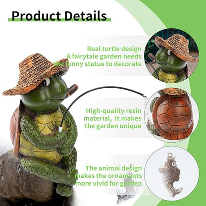 9.5" Turtle Fishing Statues- Whimsical Stone Look Lawn Yard Art, Funny Garden Pond Fisherman Sculpture, Resin Animal Decor, Ideal for Garden Enthusiasts & Turtle Fishing Lovers