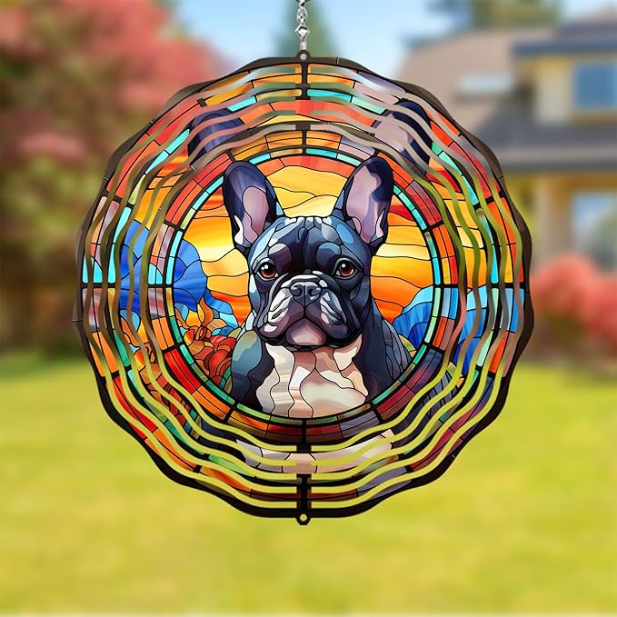 French Bulldog Wind Spinner Pet Dog Memorial Gifts, Vibrant 3D Kinetic Metal Hanging Outdoor Garden Decor, Frenchie Gifts for Dog Lovers, 8" Wind Sculptures for Patio, Porch, Yard Art (Frenchie 4)