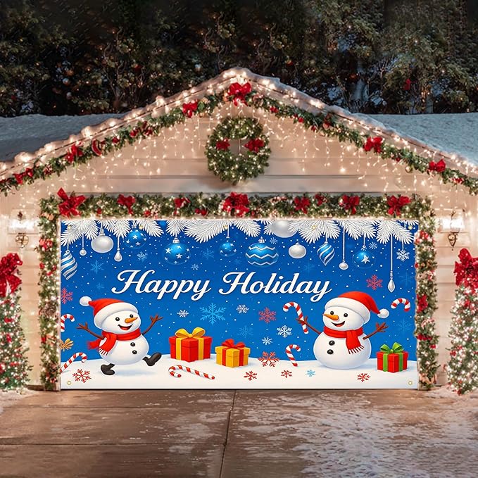 HOMETITUTE Winter Garage Door Banner 13x6ft Happy Holiday Snowmen Winters Scene Backdrop Banners for Outside Indoor Winter Door Cover Garage Wall Covering for Party Garages Decorations