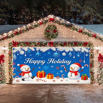 HOMETITUTE Winter Garage Door Banner 13x6ft Happy Holiday Snowmen Winters Scene Backdrop Banners for Outside Indoor Winter Door Cover Garage Wall Covering for Party Garages Decorations