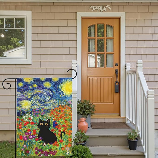 Spring Cat Garden Flag Van Gogh Style Black Cats Yard Falgs Vibrant Starry Night Floral Colorful Summer Artistic Kitty Flower Field House Banner for Porch Patio Lawn Pathway 12x18 Inch