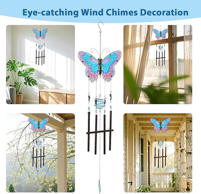 MUMTOP Butterfly Wind Chimes for Outside, Stained Glass Wind Chime Windchimes for Patio, Outdoor,Garden,Yard,Coastal,Window,Home Decor or Gifts for Women(Blue & Red)