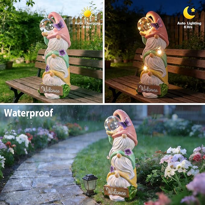 Garden Gnome Statues Solar Lights, Waterproof Outdoor 3 Stacked Spring Gnomes Sculptures Birthday Gifts for Women Grandma 12 Inch Welcome Sign Porch Decor