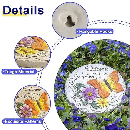 Garden Stepping Stones Outdoor Butterfly Step Stones for Walkway Gardening Gifts Welcome to My Garden Decorative Round Concrete Stones for Yard Outside Stone
