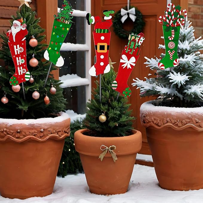 Roowest 5 Pack 12'' H Metal Christmas Yard Stakes Outdoor Decorations Red and Green Christmas Stocking Elf Santa Signs Winter Potted Plant Stakes for Holiday Lawn Garden Home Porch Party Decor