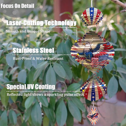 American Eagle Patriotic Helix Metal Wind Spinners for Yard and Garden,12 Inch 3D Stainless Steel Hanging Kinetic Yard Art Wind Sculpture Independence Day Decor Outdoor Indoor