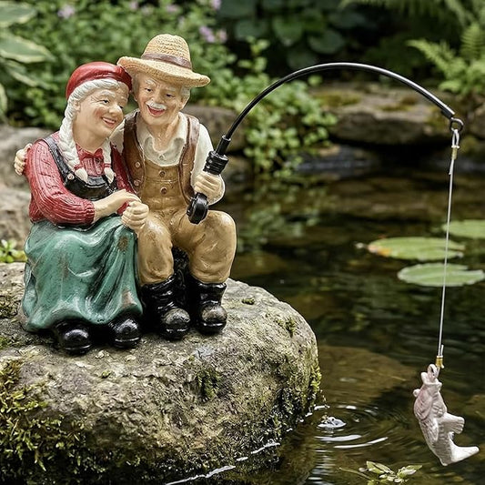 Elenon Golden Couple Garden Statue, 9" Decorative Fishing Long-Married Couple Statue Decor for Koi Pond Waterfalls, Adorable Flower Bed Outdoor Yard Patio Art Decorative Sculptures Table Ornament