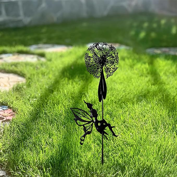 Flower Fairy Dancing with Dandelion Garden Sculpture,Angel Metal Ornaments Stainless Steel Statue Decorations,Wonderland Outdoor Yard Lawn Patio Stakes Sculptures Decor (H)