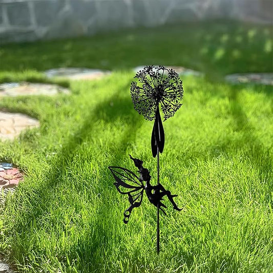 Flower Fairy Dancing with Dandelion Garden Sculpture,Angel Metal Ornaments Stainless Steel Statue Decorations,Wonderland Outdoor Yard Lawn Patio Stakes Sculptures Decor (H)
