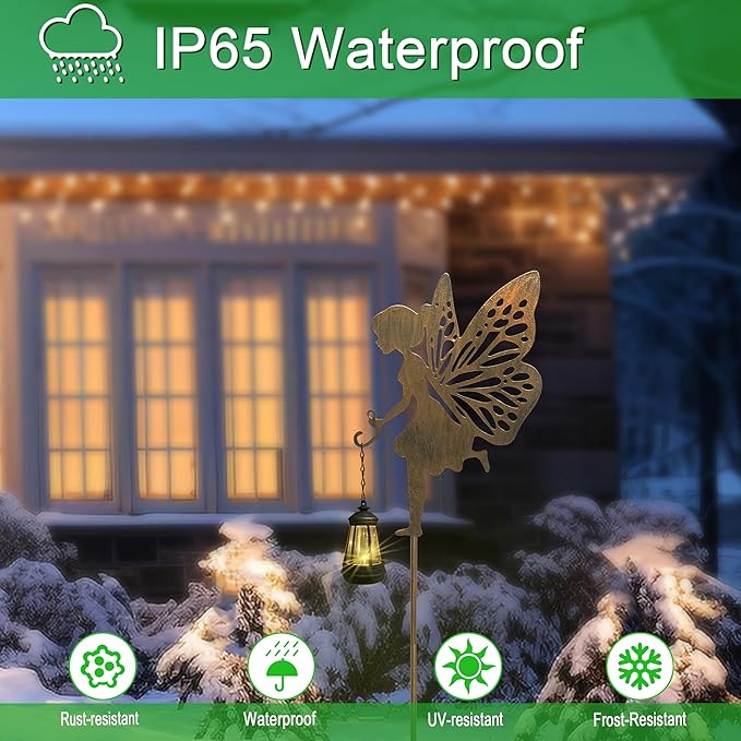 Solar Fairy Garden Decor, Metal Running Fairy Statues Stakes, Outdoor Waterproof Garden Ornament for Patio, Lawn, Yard, Housewarming Gift for Gardening Mom Grandma