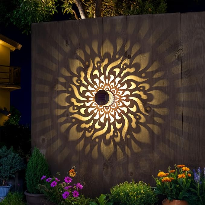 2 Pack Solar Fence Lights Metal Solar Powered Outdoor Wall Deck Step Lights Mandala Theme Waterproof Fence Light for Garden Post Patio Backyard Yard Decor, Gardening Gifts for Women Mom Grandma