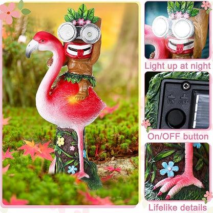 Colingmill 12.2'' Tiki Statue Flamingo Outdoor Decoration Solar Powered Garden Figurine Riding a Flamingo Tiki Bar Decor Housewarming Gardening Gifts for Bar, Lawn, Yard, Patio, Balcony, Table