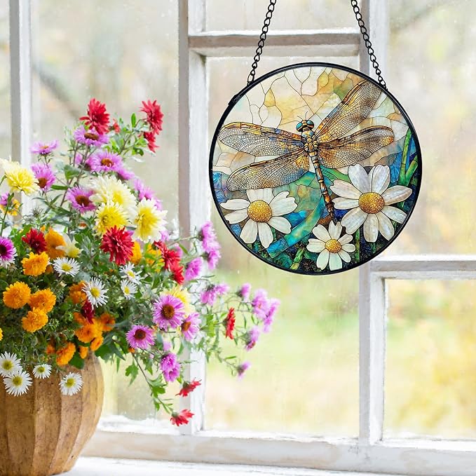 Dragonfly Suncatchers Stained Glass Window Hanging, Dragonfly Flower Sun Catchers Indoor Window Glass Round Wall Decor, Nature Insect Floral Wall Hanging Decorations, 7.9x7.9in