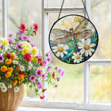 Dragonfly Suncatchers Stained Glass Window Hanging, Dragonfly Flower Sun Catchers Indoor Window Glass Round Wall Decor, Nature Insect Floral Wall Hanging Decorations, 7.9x7.9in