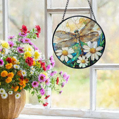Dragonfly Suncatchers Stained Glass Window Hanging, Dragonfly Flower Sun Catchers Indoor Window Glass Round Wall Decor, Nature Insect Floral Wall Hanging Decorations, 7.9x7.9in