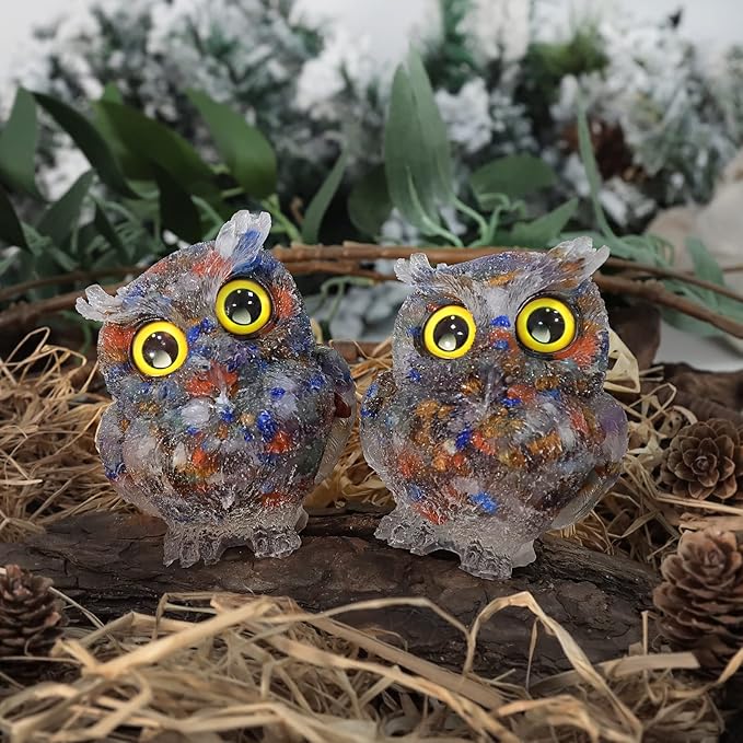 Nupuyai 3 inches Orgone Resin Crystal Chips Tumbled Stone Owl Statue, Mini Hand Carved Stone Crystal Animal Figurines for Tabletop Indoor Outdoor, Colorful Mixed Stones