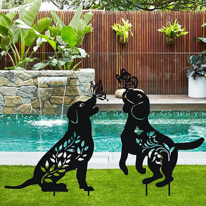 WONDER GARDEN Metal Dog Decor for Outside - 2 Pack Garden Stakes Decorative, Black Dog Silhouette Statues Lawn Ornaments Yard Patio Decor Women Men Mom Gifts
