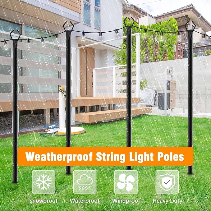 LETIANPAI 10Ft String Light Poles 6 Pack,Light Poles for Outside Lights,Outdoor with Fence Brackets Hanging Lights,Metal Stand Deck Patio Backyard