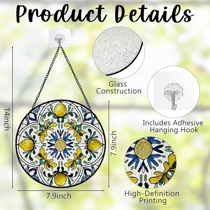 Italian Lemon Stained Glass Window Hanging, Blue and Yellow Mediterranean Lemon Suncatcher Indoor Window Glass Round Wall Art Decor, 7.9x7.9 Inch