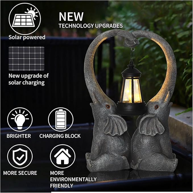 Elephant Statue Garden Decor with LED Solar Lights-Set of 2 Good Luck Elephant Outdoor Statue Christmas Decorations for Yard Patio Porch Home for Women Mom Grandma