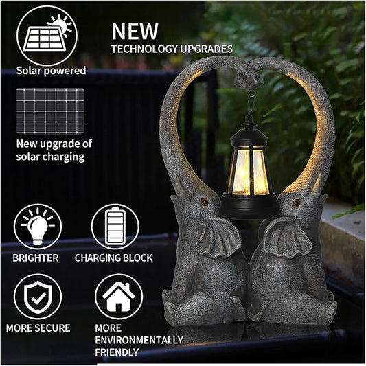 Elephant Statue Garden Decor with LED Solar Lights-Set of 2 Good Luck Elephant Outdoor Statue Christmas Decorations for Yard Patio Porch Home for Women Mom Grandma