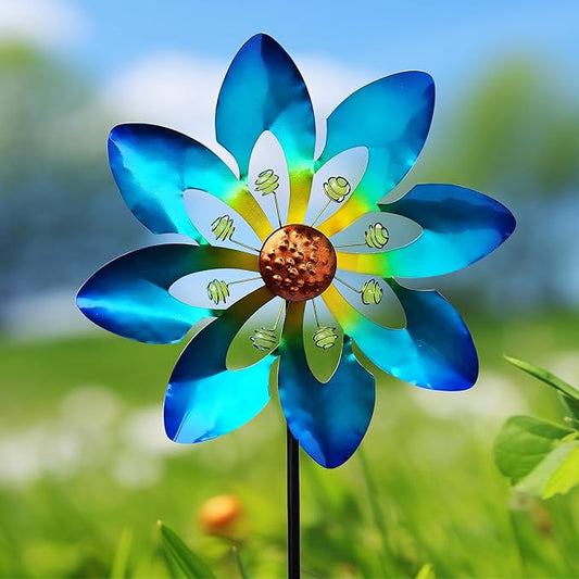 COOZZYHOUR Outdoor Metal Flower Wind Spinners,36 Inch Blue Flower Windmill with Stake,Pinwheels for Yard Lawn Patio and Garden Decor-Blue